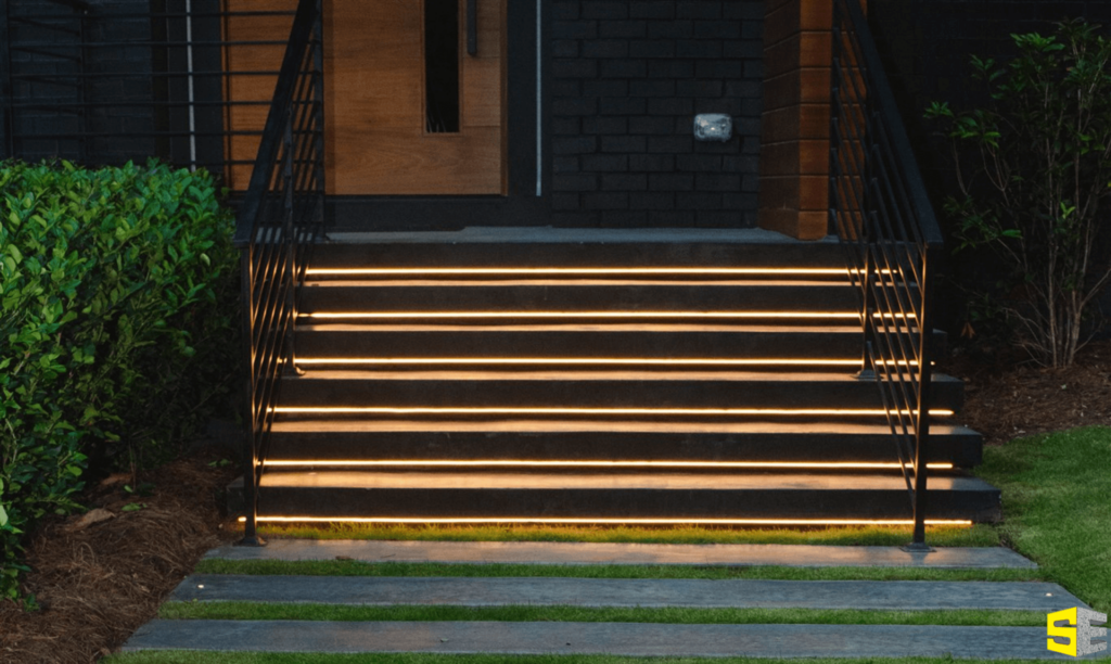 Lighting underneath a set of steps leading to the front door of a residential home