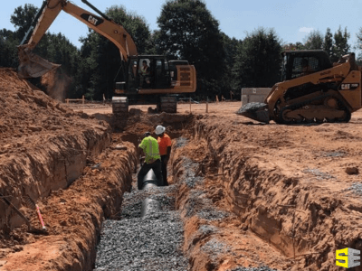 A construction site, two people in a dug out with a pipe, a crane and a tractor in the background.