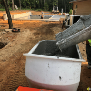 A concrete truck pouring concrete into a barrel