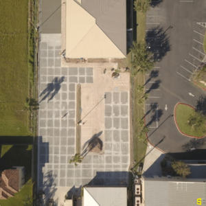 The overhead view of concrete construction site almost complete