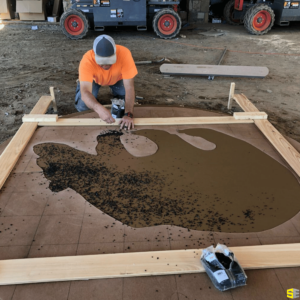 A worker sprinkling materials onto the 2D concrete carving of a bear