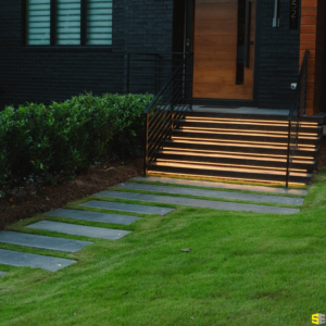 A closeup shot of concrete walkway leading to steps with soft lighting underneath