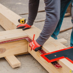 A worker, using a right angle ruler to build a frame