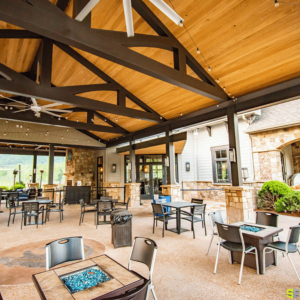 A better look at the outdoor eating area underneath an outdoor gazebo