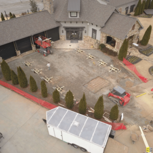 An aerial view of the construction of a concrete driveway