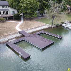 The finished product of a wooden lake dock