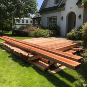 A wooden patio during construction, free wood laying on top of what is already built