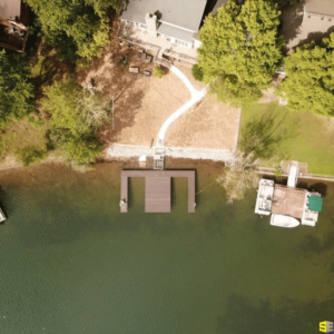 An overhead view of a wooden lake dock