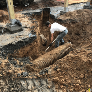 A worker using a shovel to move dirt away from a large drainage pipe