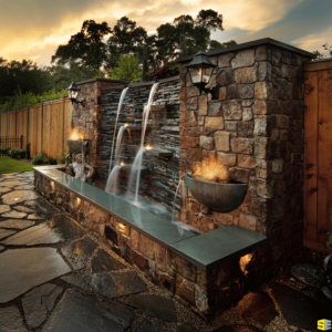 A concrete water feature with fire like outdoor lighting