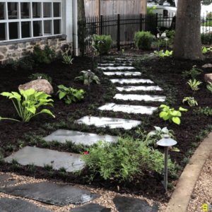 A concrete walkway leading to the backyard of a residential home