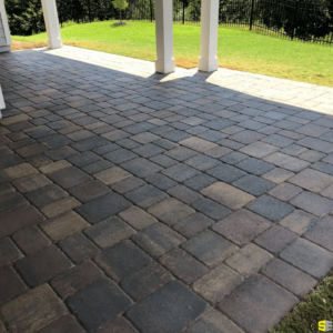 A stone patio in a residential home is shown