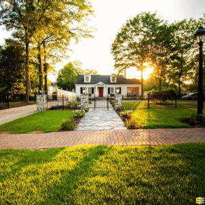 A beautiful concrete walkway, leading up to a gated residential home