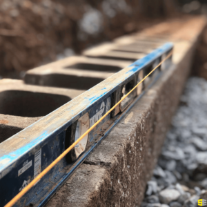 A close up of a level, sitting on top of a retaining wall